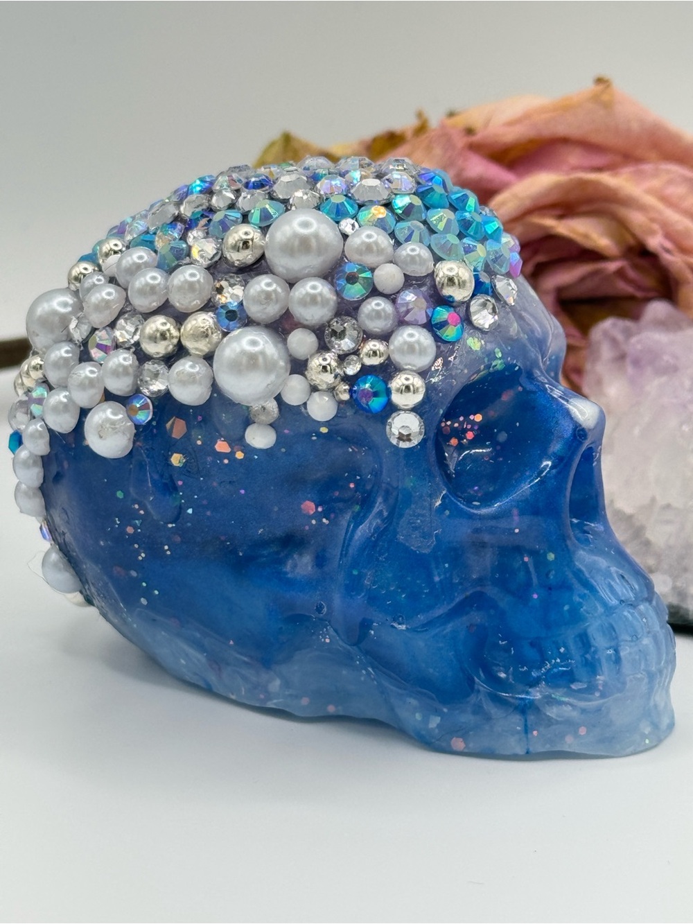 Blue Decorative Pearl Jeweled Resin Skull Accent
